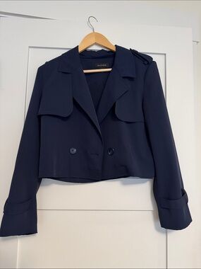 Halogen Navy Cropped Double-Breasted Blazer Jacket